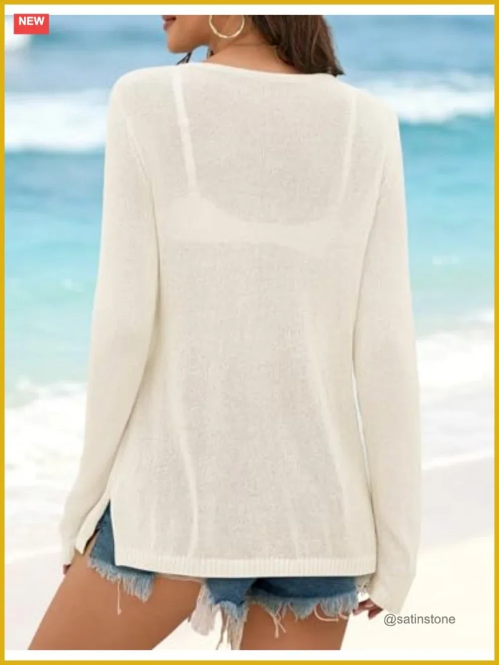 Women's Crochet Cover Up Pullover Long Sleeve Split Hem Letter Print